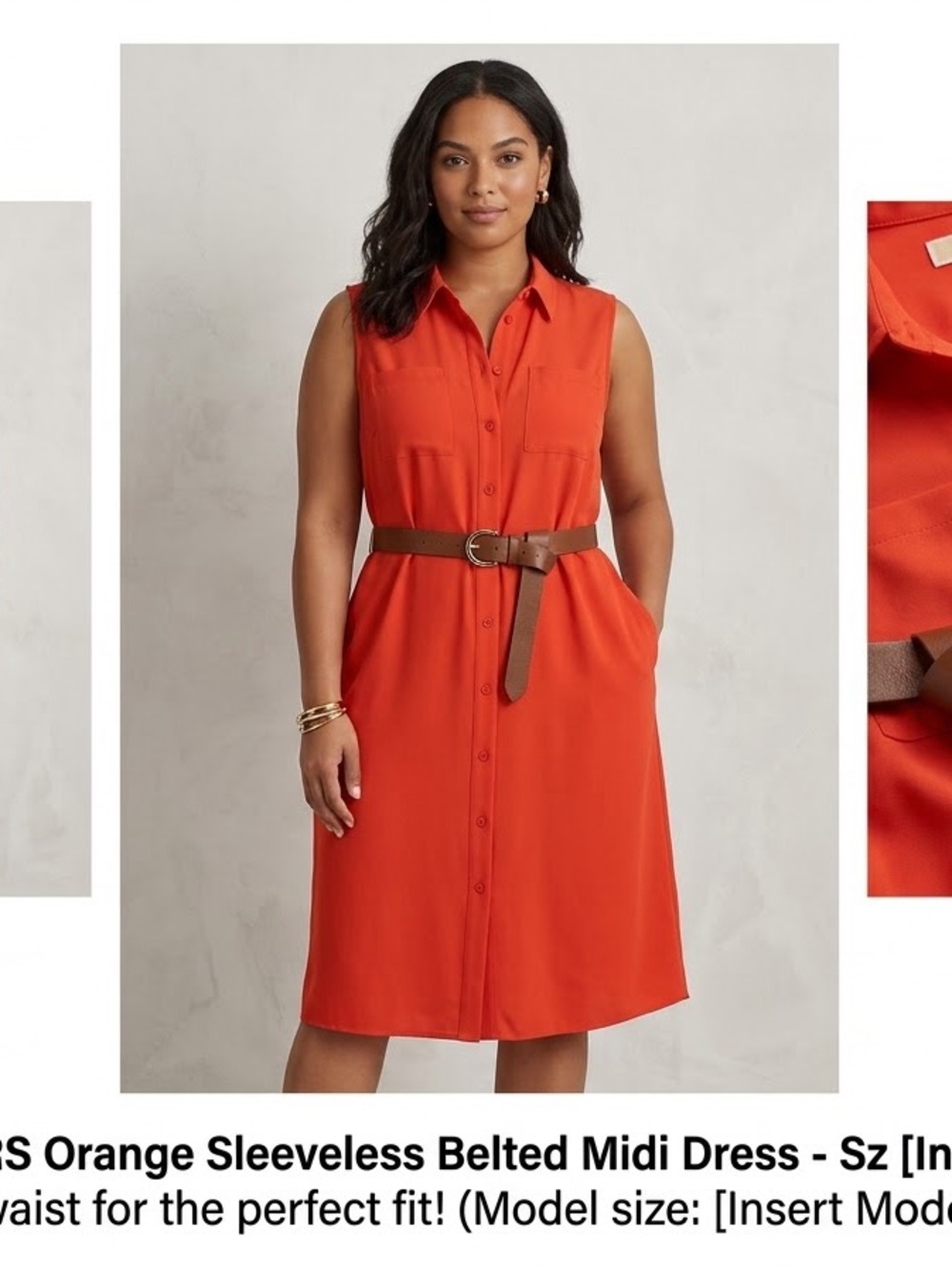 Michaels Sleeveless Button-Front Midi Dress in Orange with Brown Belt